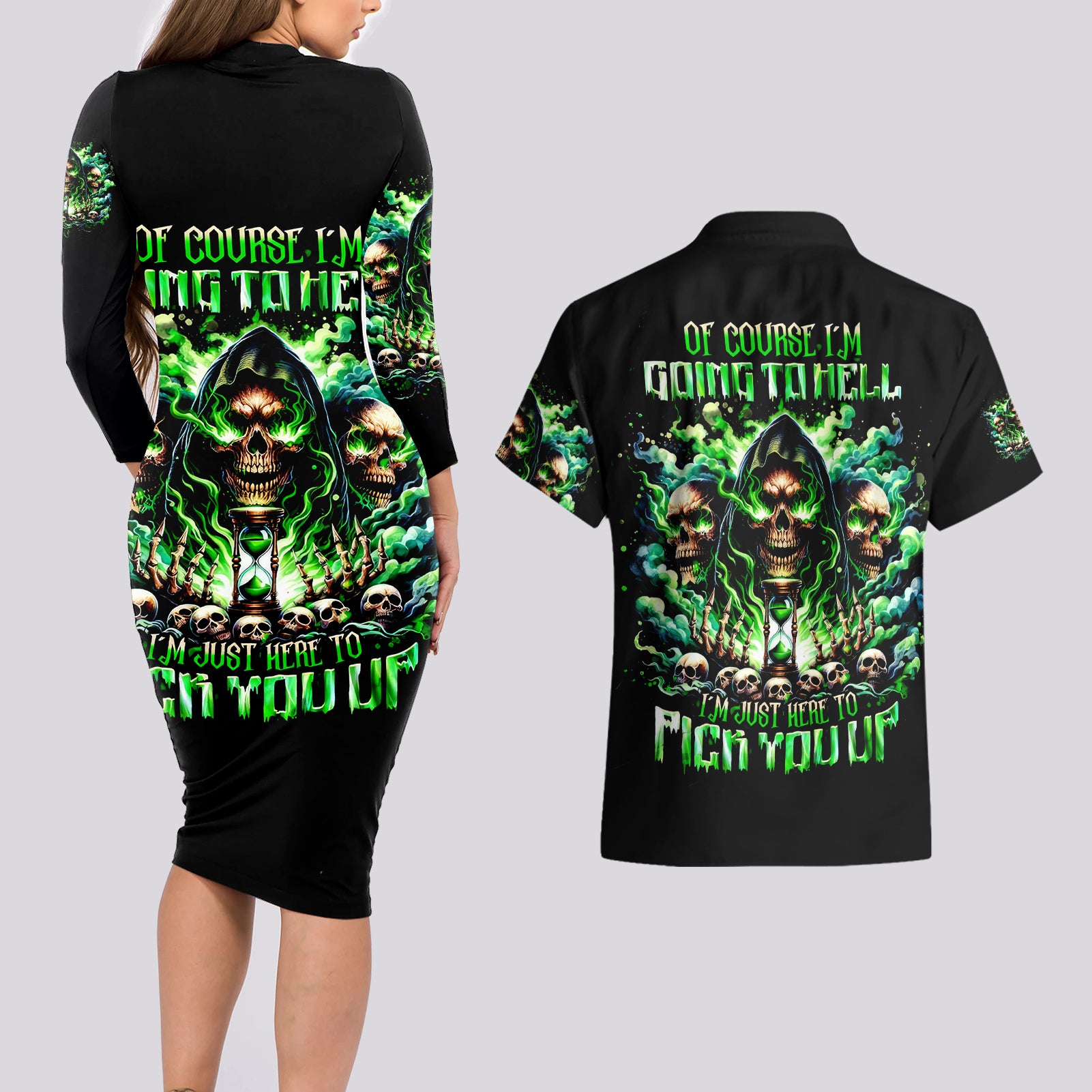 Witch Skull Couples Matching Long Sleeve Bodycon Dress and Hawaiian Shirt Of Course I'm Going To Hell I'm Just Here To Pick You Up - Wonder Print Shop
