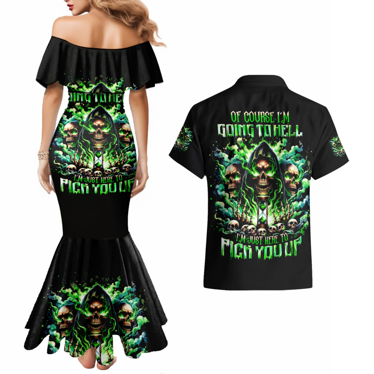 Witch Skull Couples Matching Mermaid Dress and Hawaiian Shirt Of Course I'm Going To Hell I'm Just Here To Pick You Up - Wonder Print Shop