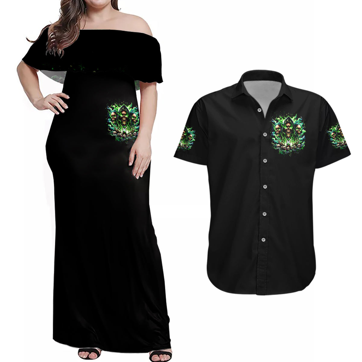 Witch Skull Couples Matching Off Shoulder Maxi Dress and Hawaiian Shirt Of Course I'm Going To Hell I'm Just Here To Pick You Up - Wonder Print Shop