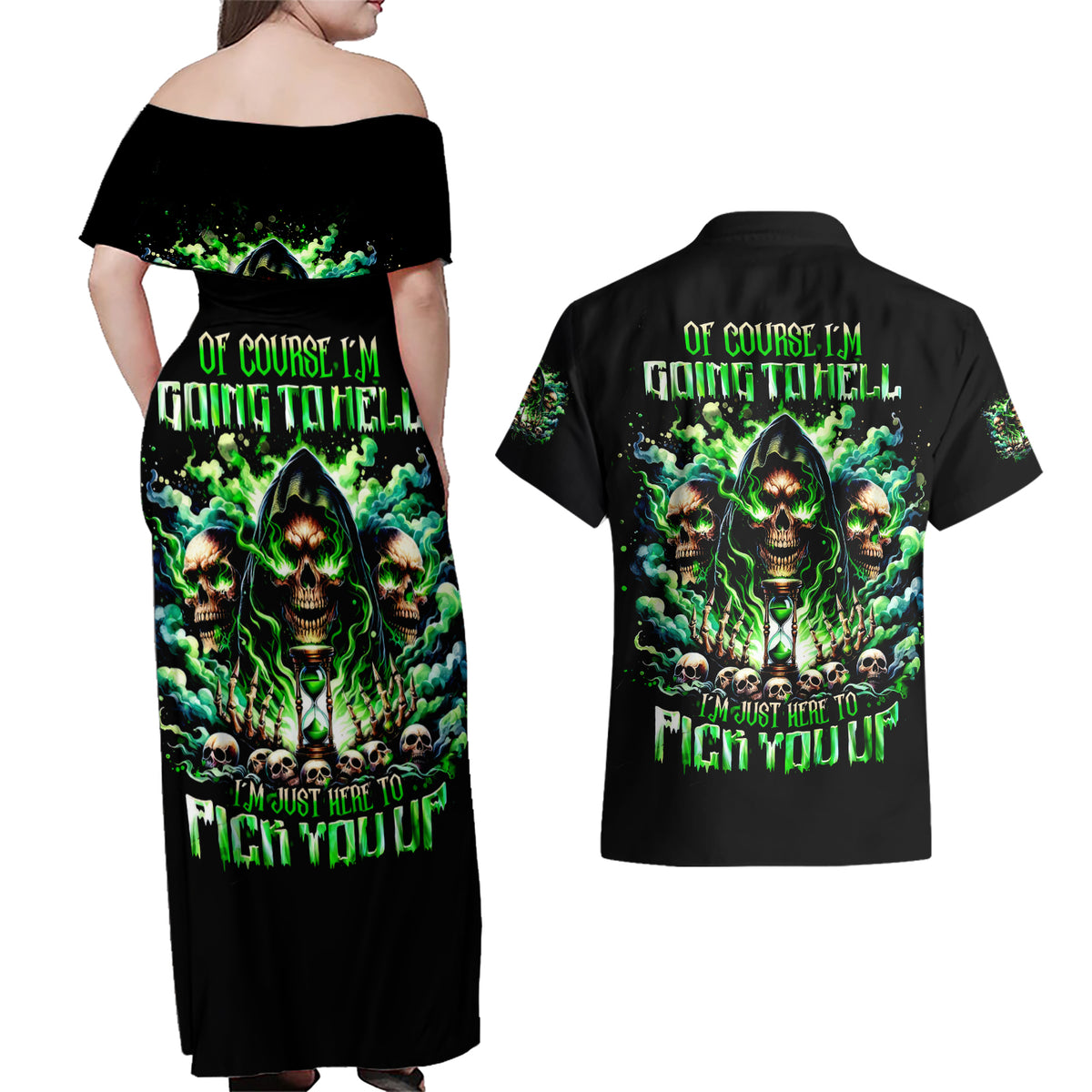 Witch Skull Couples Matching Off Shoulder Maxi Dress and Hawaiian Shirt Of Course I'm Going To Hell I'm Just Here To Pick You Up - Wonder Print Shop