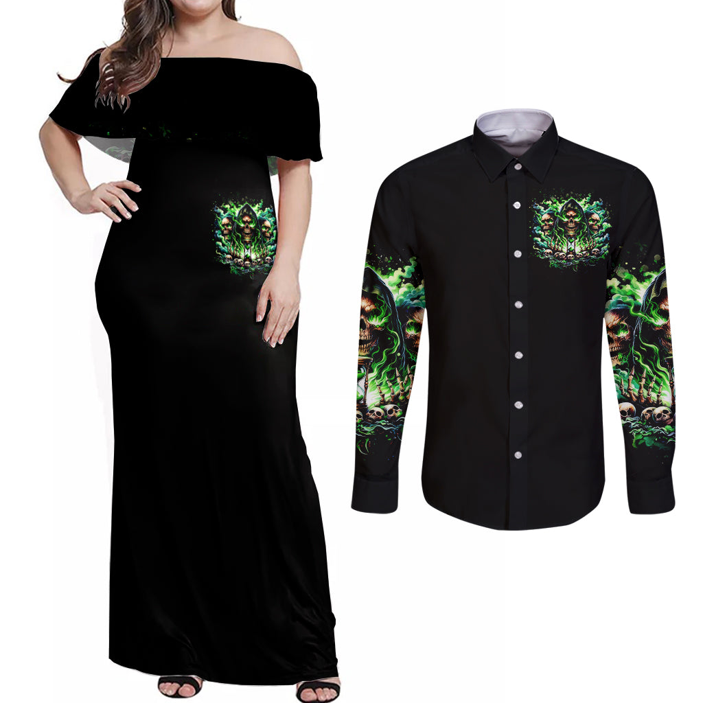 Witch Skull Couples Matching Off Shoulder Maxi Dress and Long Sleeve Button Shirt Of Course I'm Going To Hell I'm Just Here To Pick You Up - Wonder Print Shop