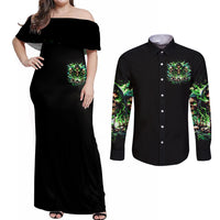 Witch Skull Couples Matching Off Shoulder Maxi Dress and Long Sleeve Button Shirt Of Course I'm Going To Hell I'm Just Here To Pick You Up - Wonder Print Shop