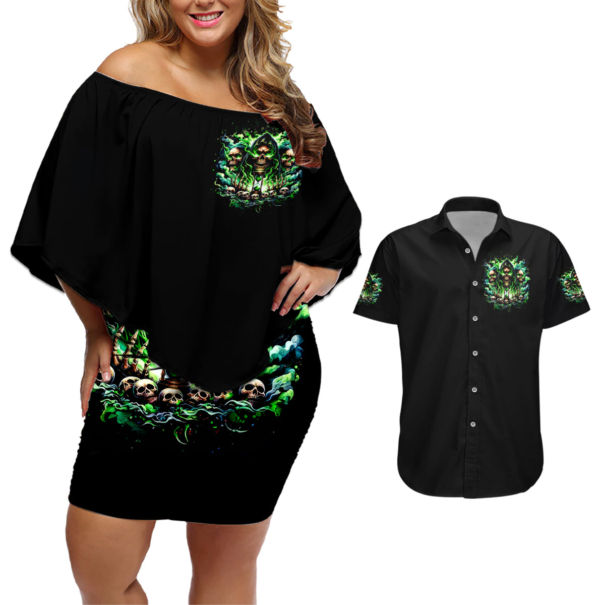 Witch Skull Couples Matching Off Shoulder Short Dress and Hawaiian Shirt Of Course I'm Going To Hell I'm Just Here To Pick You Up - Wonder Print Shop