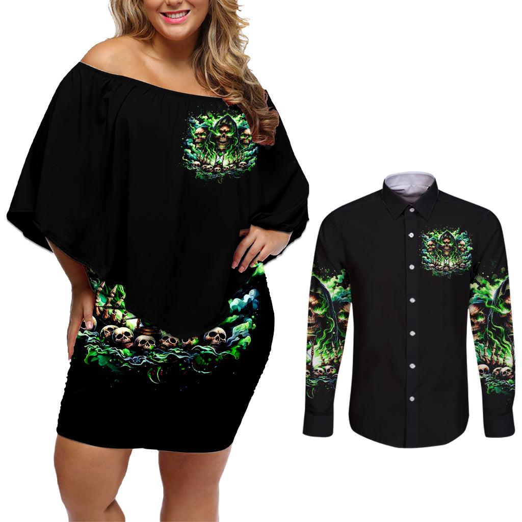 Witch Skull Couples Matching Off Shoulder Short Dress and Long Sleeve Button Shirt Of Course I'm Going To Hell I'm Just Here To Pick You Up - Wonder Print Shop