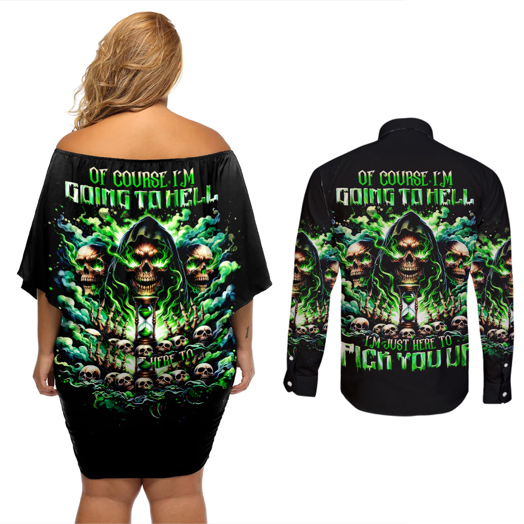 Witch Skull Couples Matching Off Shoulder Short Dress and Long Sleeve Button Shirt Of Course I'm Going To Hell I'm Just Here To Pick You Up - Wonder Print Shop
