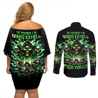 Witch Skull Couples Matching Off Shoulder Short Dress and Long Sleeve Button Shirt Of Course I'm Going To Hell I'm Just Here To Pick You Up - Wonder Print Shop
