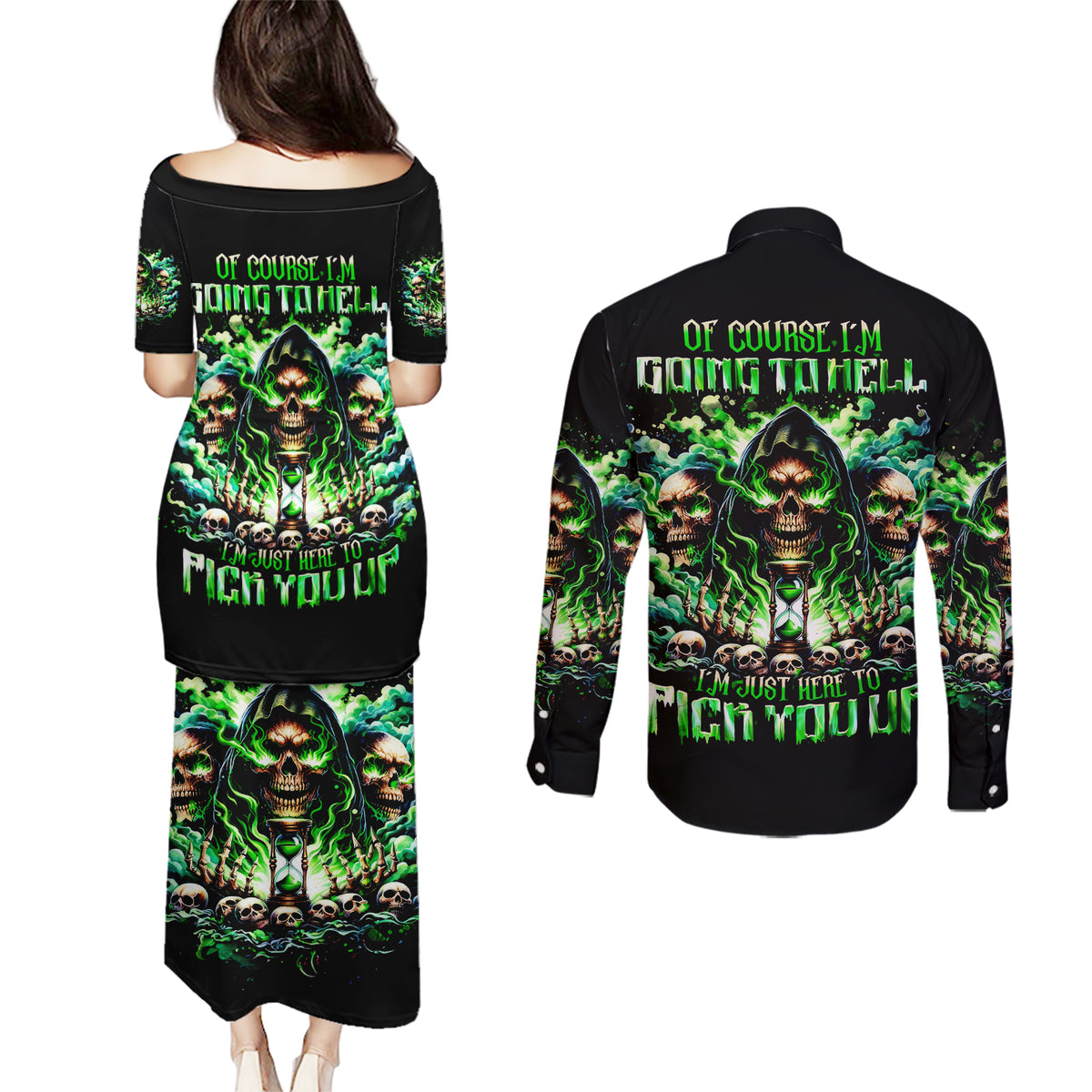 Witch Skull Couples Matching Puletasi and Long Sleeve Button Shirt Of Course I'm Going To Hell I'm Just Here To Pick You Up - Wonder Print Shop