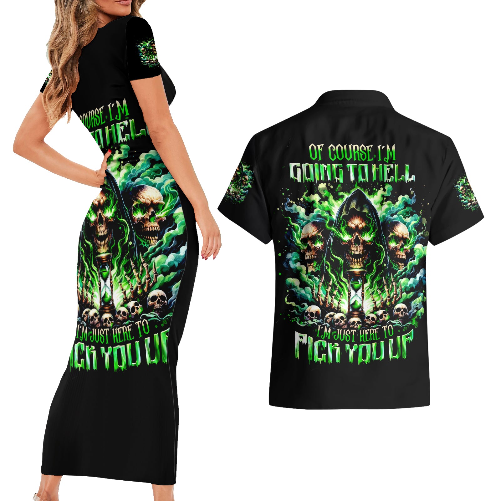 Witch Skull Couples Matching Short Sleeve Bodycon Dress and Hawaiian Shirt Of Course I'm Going To Hell I'm Just Here To Pick You Up - Wonder Print Shop