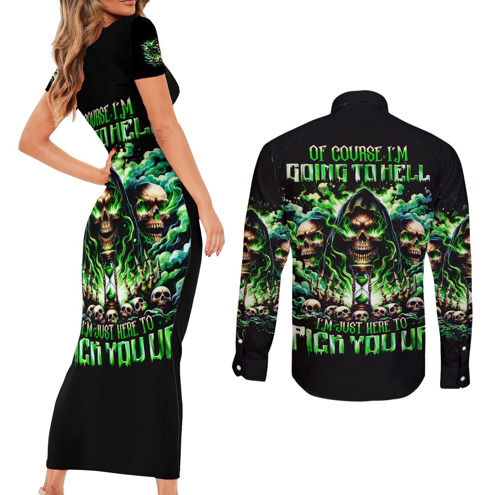 Witch Skull Couples Matching Short Sleeve Bodycon Dress and Long Sleeve Button Shirt Of Course I'm Going To Hell I'm Just Here To Pick You Up - Wonder Print Shop