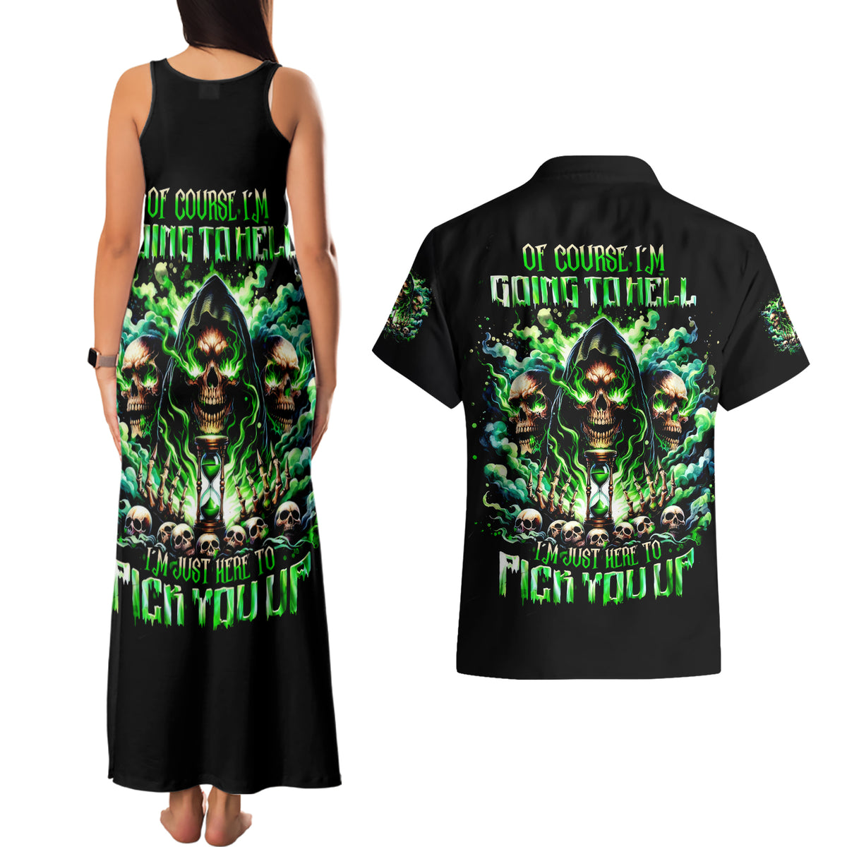 Witch Skull Couples Matching Tank Maxi Dress and Hawaiian Shirt Of Course I'm Going To Hell I'm Just Here To Pick You Up - Wonder Print Shop
