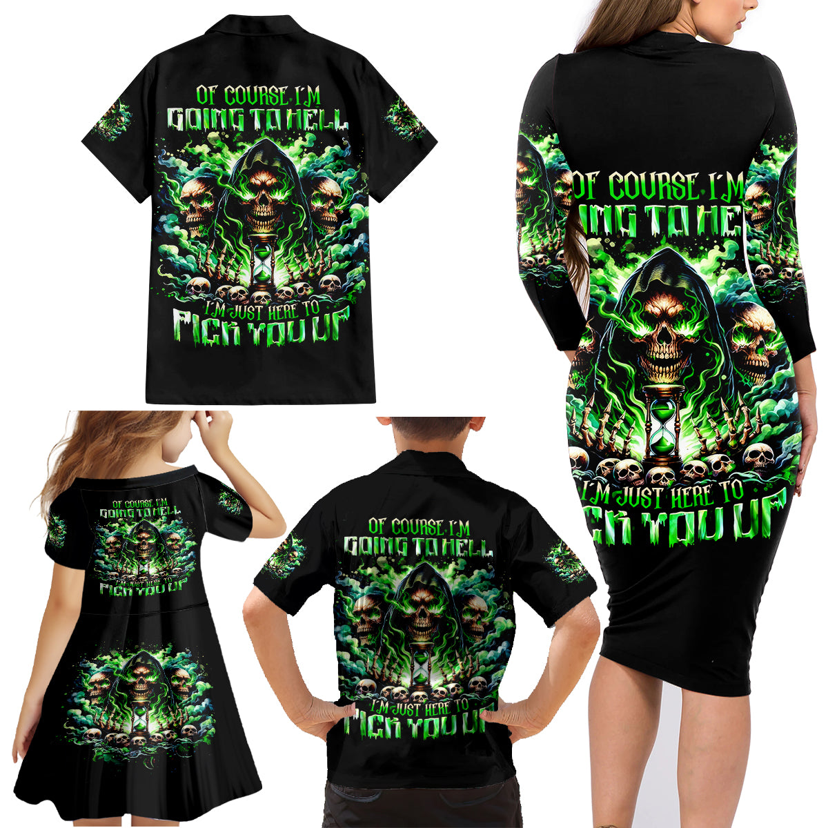 Witch Skull Family Matching Long Sleeve Bodycon Dress and Hawaiian Shirt Of Course I'm Going To Hell I'm Just Here To Pick You Up - Wonder Print Shop