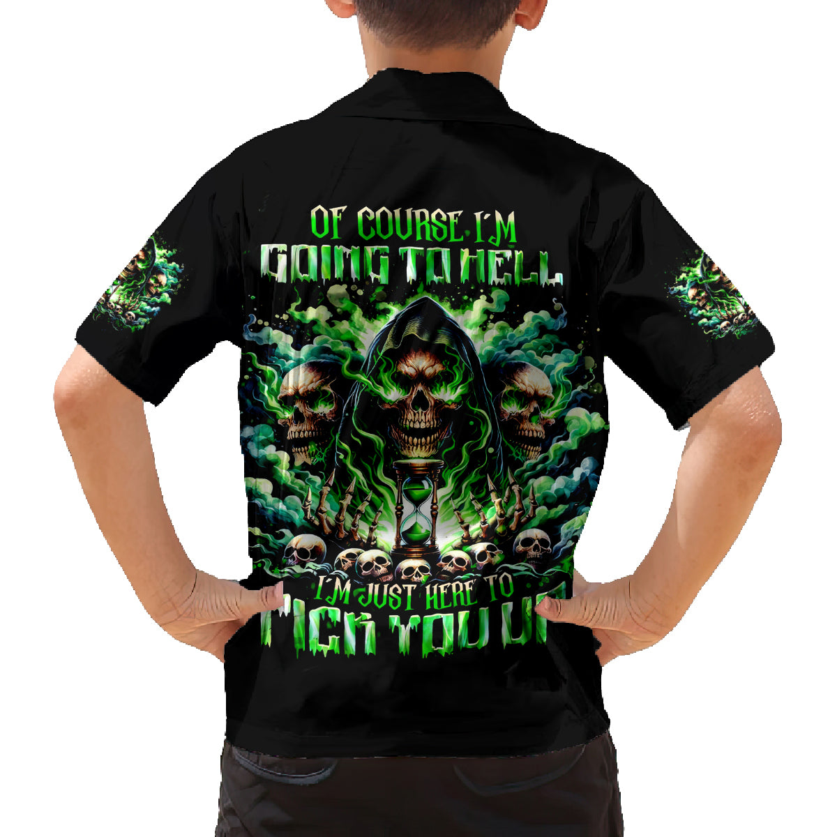 Witch Skull Family Matching Off Shoulder Long Sleeve Dress and Hawaiian Shirt Of Course I'm Going To Hell I'm Just Here To Pick You Up - Wonder Print Shop