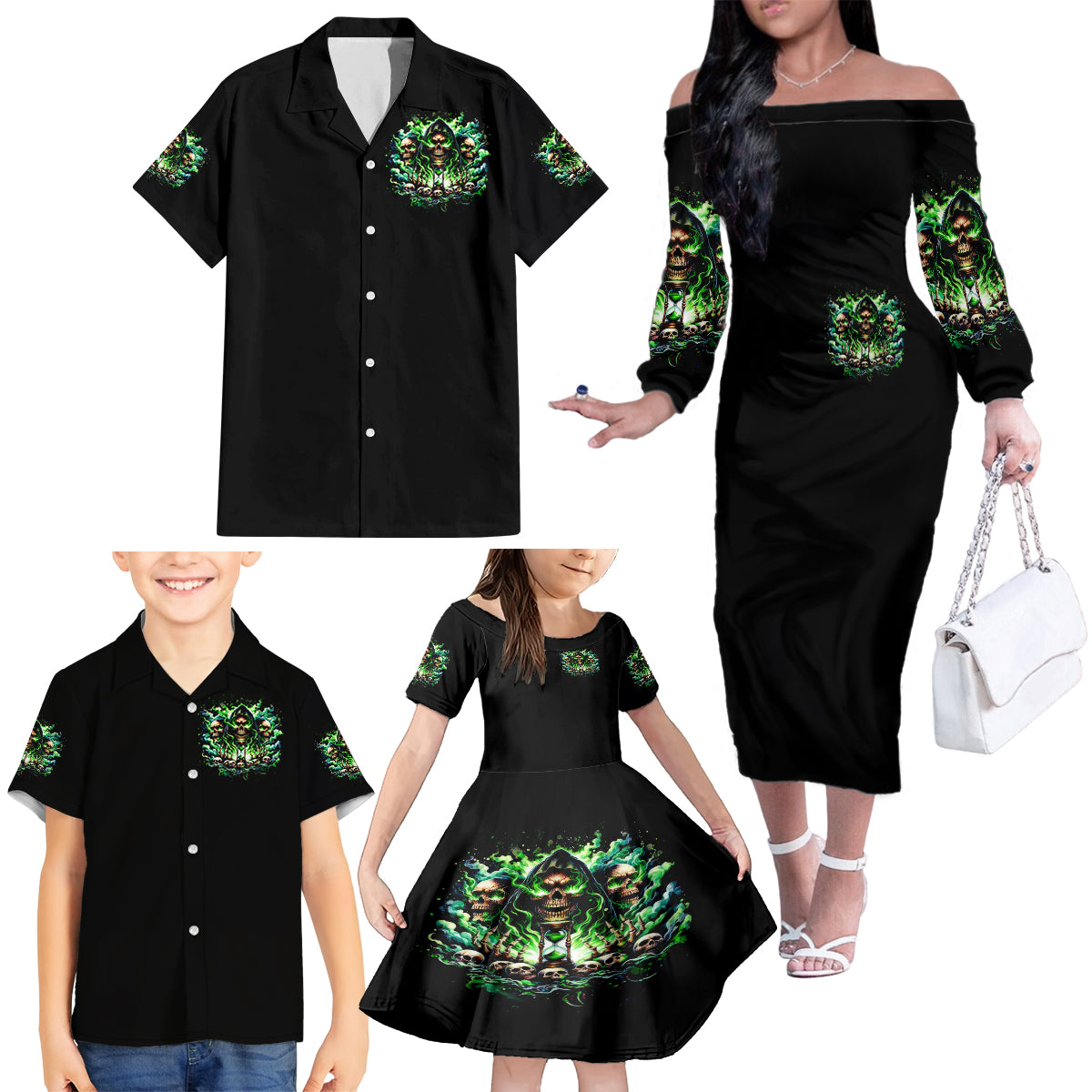 Witch Skull Family Matching Off Shoulder Long Sleeve Dress and Hawaiian Shirt Of Course I'm Going To Hell I'm Just Here To Pick You Up - Wonder Print Shop