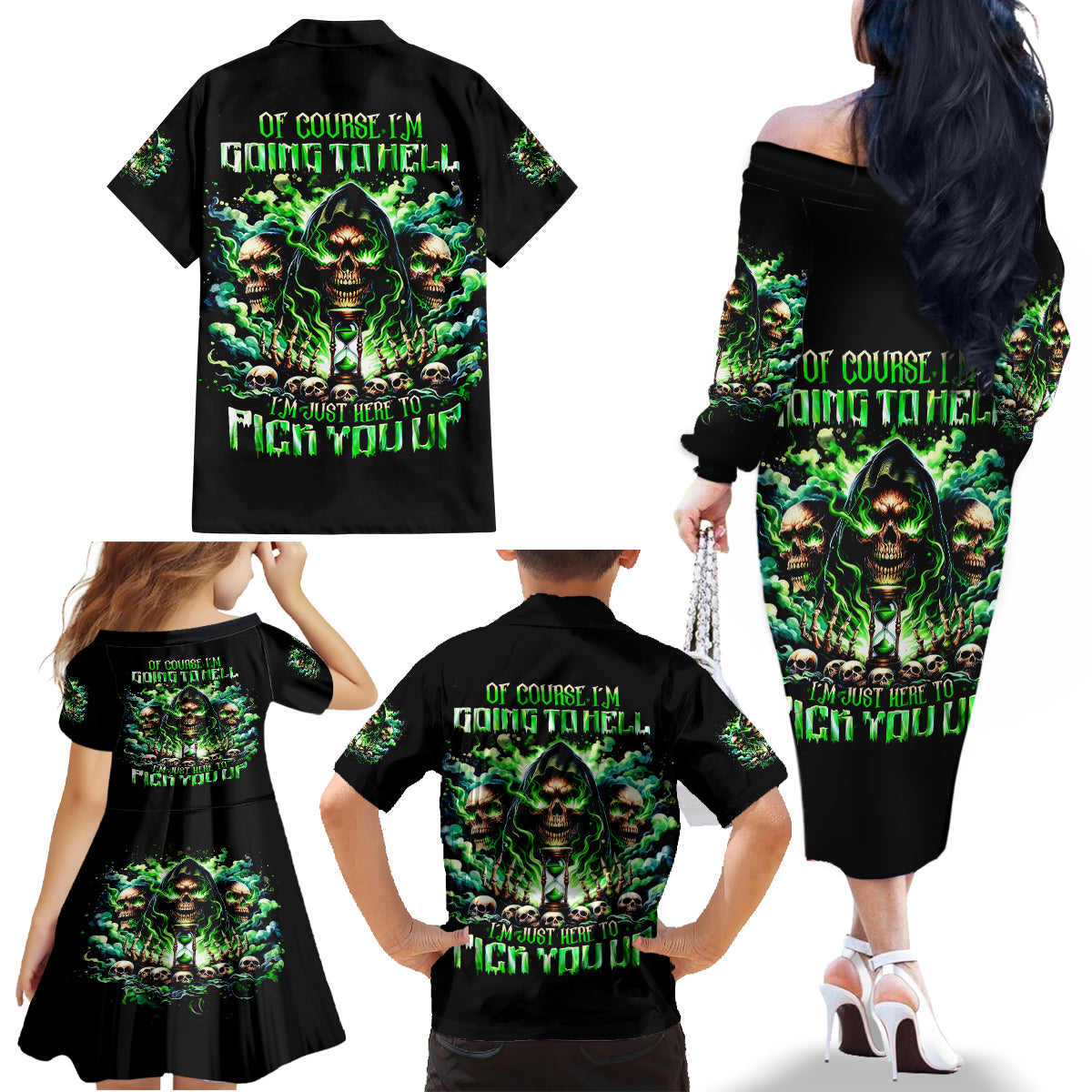 Witch Skull Family Matching Off Shoulder Long Sleeve Dress and Hawaiian Shirt Of Course I'm Going To Hell I'm Just Here To Pick You Up - Wonder Print Shop