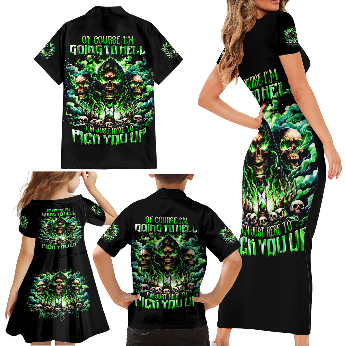 Witch Skull Family Matching Short Sleeve Bodycon Dress and Hawaiian Shirt Of Course I'm Going To Hell I'm Just Here To Pick You Up - Wonder Print Shop
