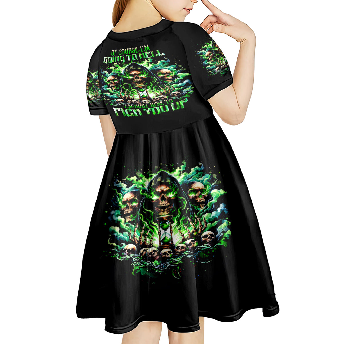 Witch Skull Kid Short Sleeve Dress Of Course I'm Going To Hell I'm Just Here To Pick You Up - Wonder Print Shop