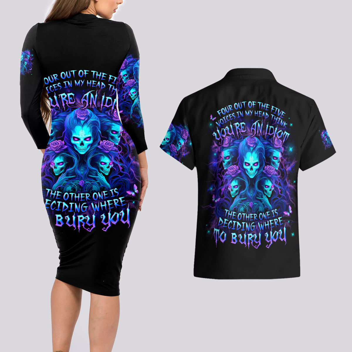Rose Skull Couples Matching Long Sleeve Bodycon Dress and Hawaiian Shirt Four Out Of The Five Voices In My Head Think You An Idiot - Wonder Print Shop