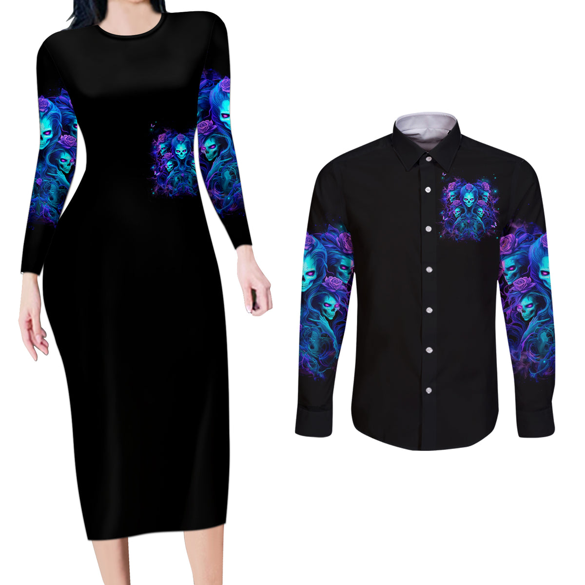 Rose Skull Couples Matching Long Sleeve Bodycon Dress and Long Sleeve Button Shirt Four Out Of The Five Voices In My Head Think You An Idiot - Wonder Print Shop
