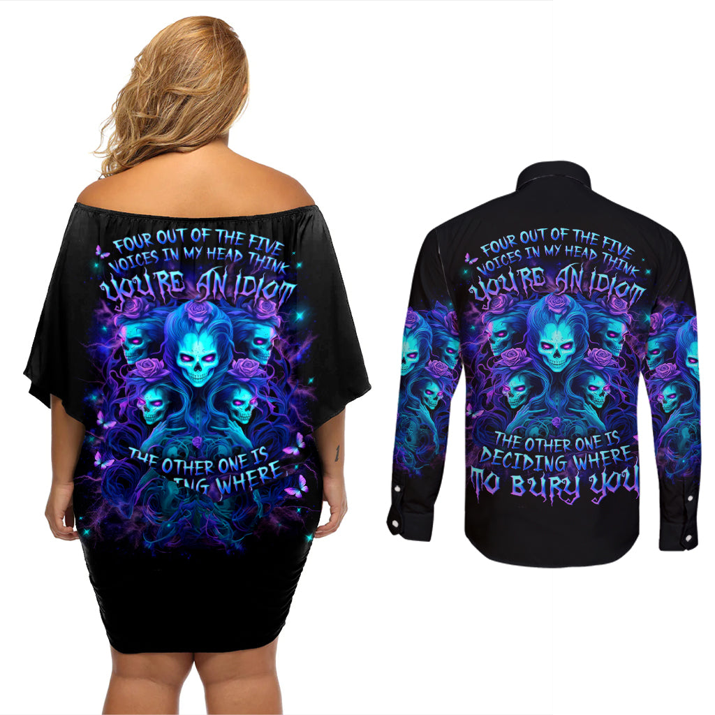 Rose Skull Couples Matching Off Shoulder Short Dress and Long Sleeve Button Shirt Four Out Of The Five Voices In My Head Think You An Idiot - Wonder Print Shop