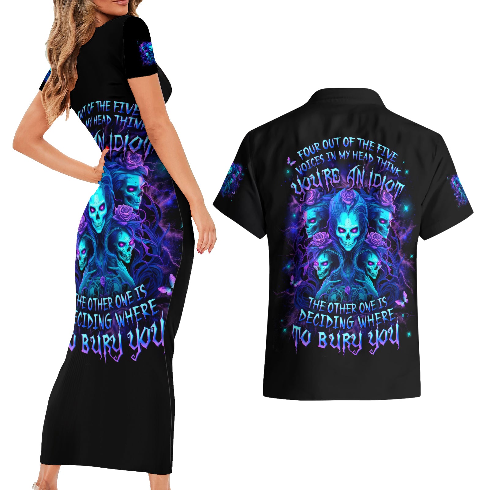 Rose Skull Couples Matching Short Sleeve Bodycon Dress and Hawaiian Shirt Four Out Of The Five Voices In My Head Think You An Idiot - Wonder Print Shop