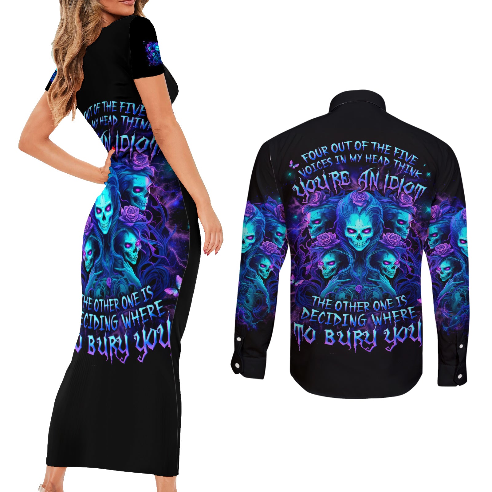 Rose Skull Couples Matching Short Sleeve Bodycon Dress and Long Sleeve Button Shirt Four Out Of The Five Voices In My Head Think You An Idiot - Wonder Print Shop