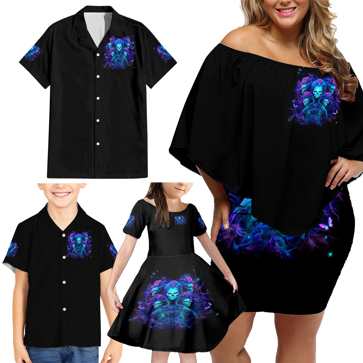 Rose Skull Family Matching Off Shoulder Short Dress and Hawaiian Shirt Four Out Of The Five Voices In My Head Think You An Idiot - Wonder Print Shop