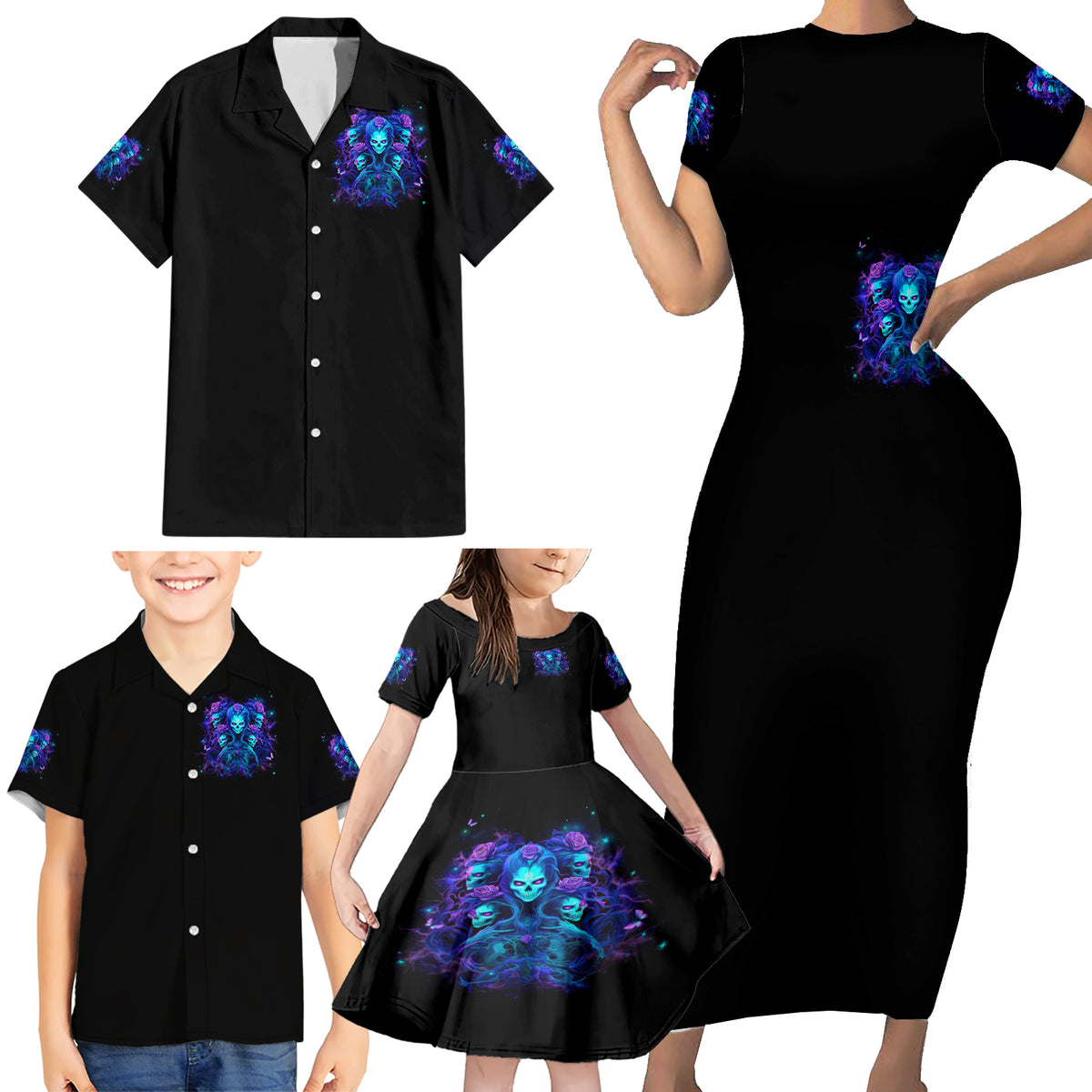 Rose Skull Family Matching Short Sleeve Bodycon Dress and Hawaiian Shirt Four Out Of The Five Voices In My Head Think You An Idiot - Wonder Print Shop