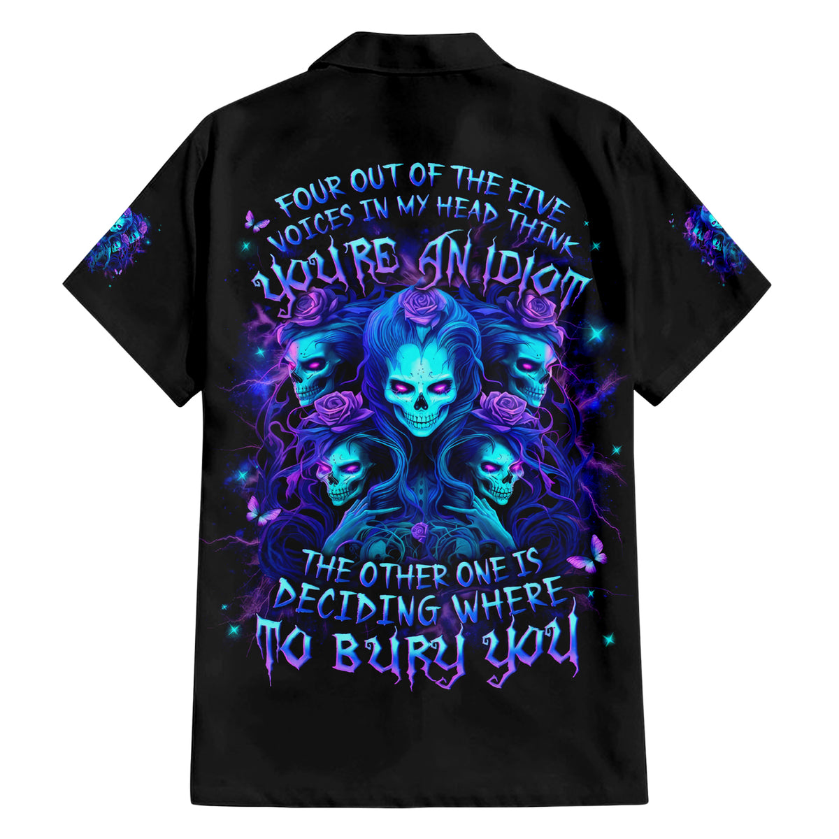 Rose Skull Family Matching Short Sleeve Bodycon Dress and Hawaiian Shirt Four Out Of The Five Voices In My Head Think You An Idiot - Wonder Print Shop