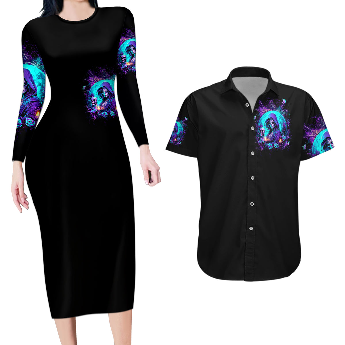 Witch Skull Couples Matching Long Sleeve Bodycon Dress and Hawaiian Shirt Hello Darkness My Old Friend - Wonder Print Shop