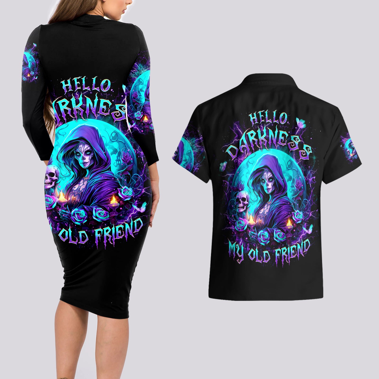 Witch Skull Couples Matching Long Sleeve Bodycon Dress and Hawaiian Shirt Hello Darkness My Old Friend - Wonder Print Shop