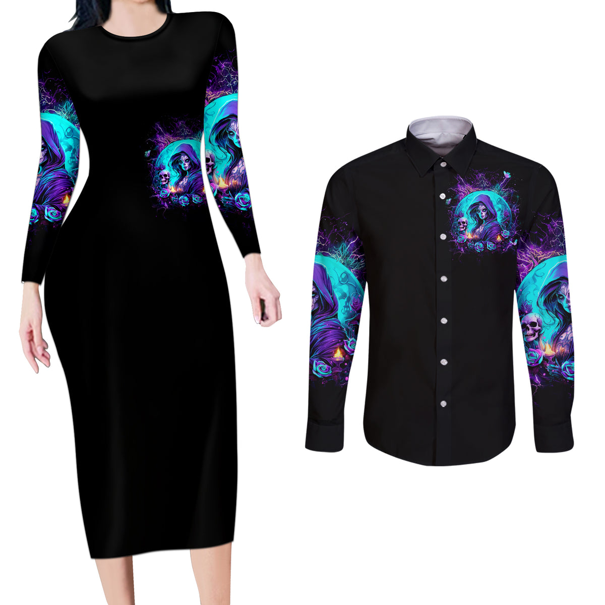 Witch Skull Couples Matching Long Sleeve Bodycon Dress and Long Sleeve Button Shirt Hello Darkness My Old Friend - Wonder Print Shop