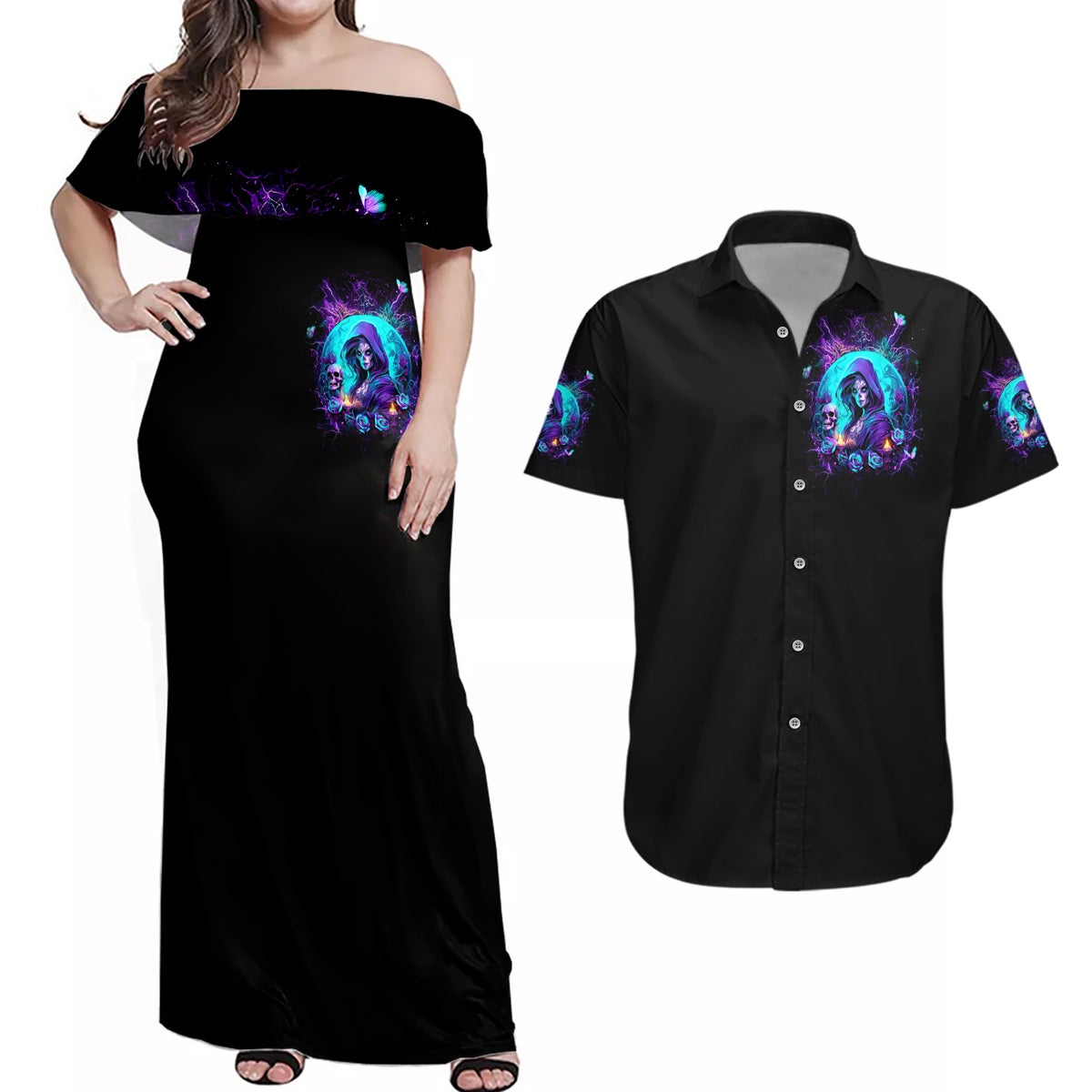 Witch Skull Couples Matching Off Shoulder Maxi Dress and Hawaiian Shirt Hello Darkness My Old Friend - Wonder Print Shop