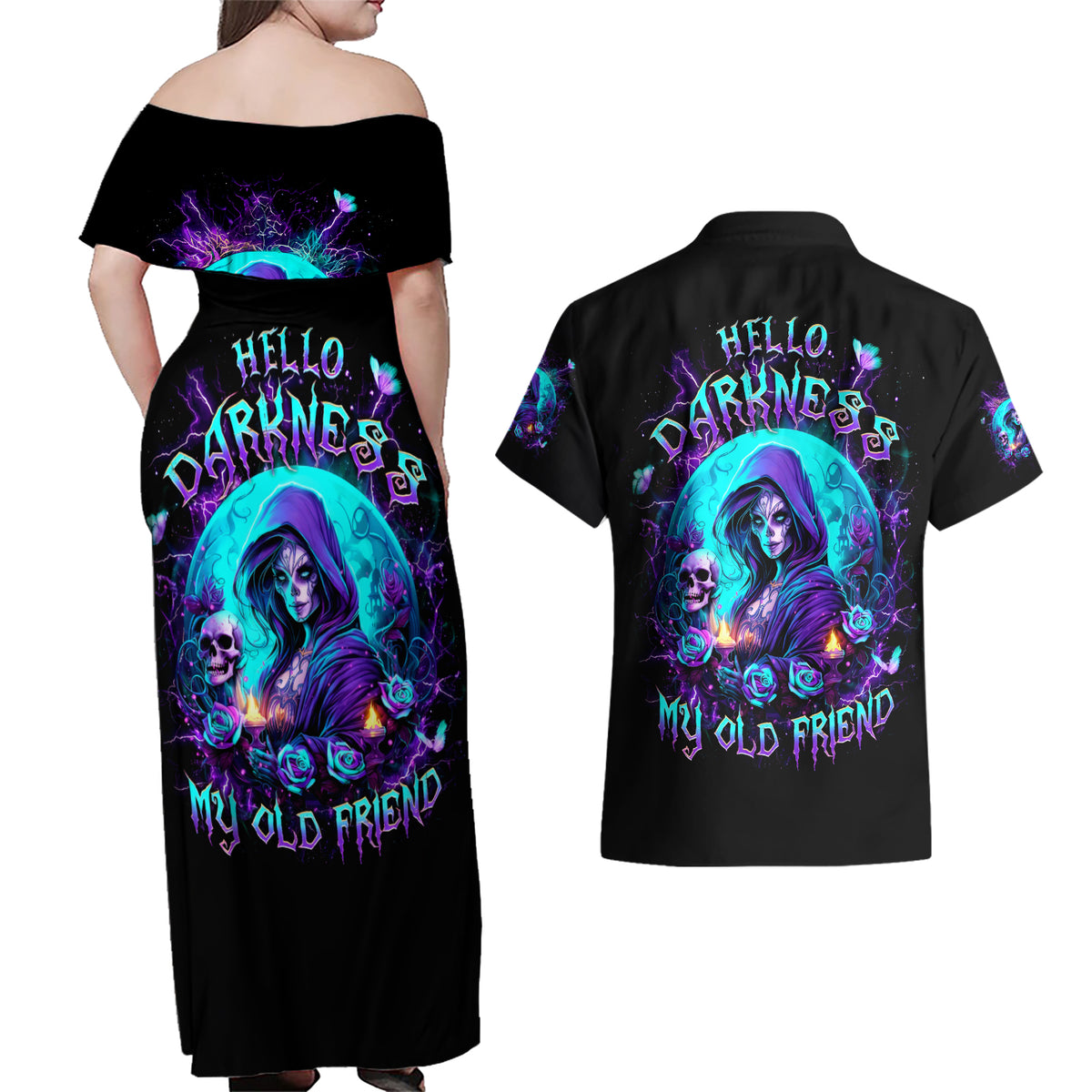 Witch Skull Couples Matching Off Shoulder Maxi Dress and Hawaiian Shirt Hello Darkness My Old Friend - Wonder Print Shop