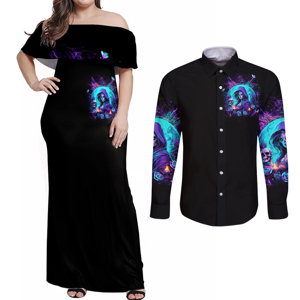 Witch Skull Couples Matching Off Shoulder Maxi Dress and Long Sleeve Button Shirt Hello Darkness My Old Friend - Wonder Print Shop