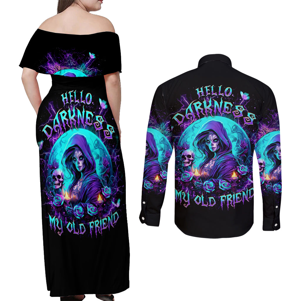 Witch Skull Couples Matching Off Shoulder Maxi Dress and Long Sleeve Button Shirt Hello Darkness My Old Friend - Wonder Print Shop