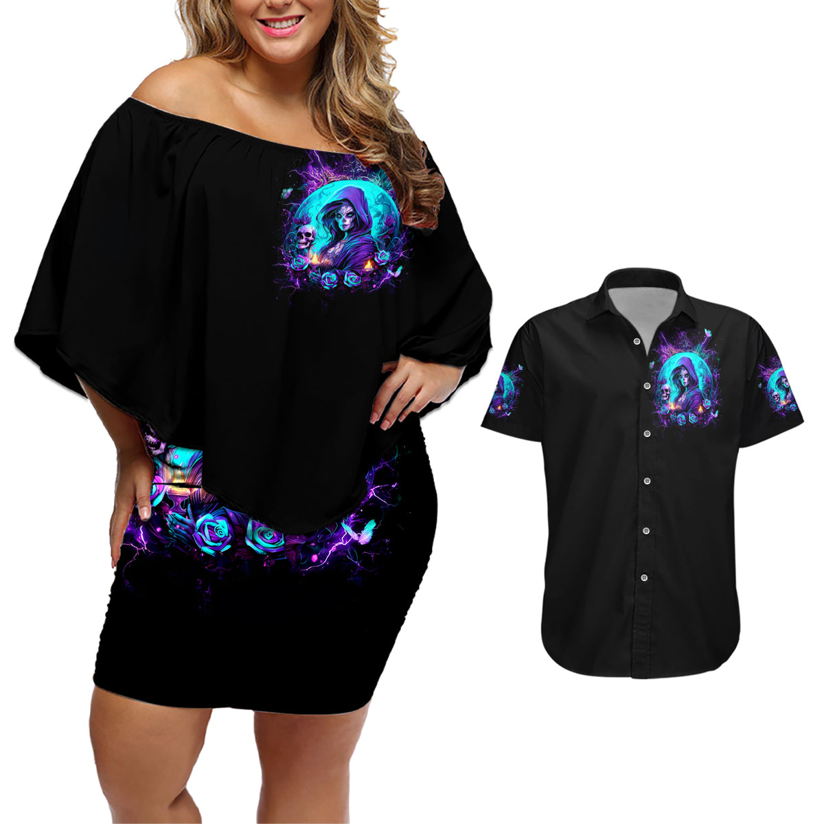 Witch Skull Couples Matching Off Shoulder Short Dress and Hawaiian Shirt Hello Darkness My Old Friend - Wonder Print Shop