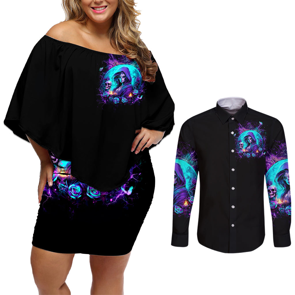 Witch Skull Couples Matching Off Shoulder Short Dress and Long Sleeve Button Shirt Hello Darkness My Old Friend - Wonder Print Shop