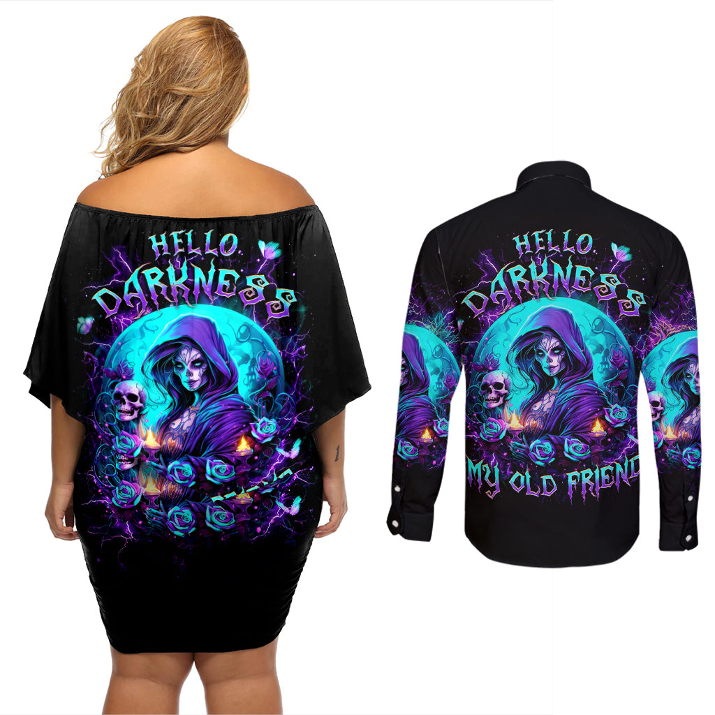Witch Skull Couples Matching Off Shoulder Short Dress and Long Sleeve Button Shirt Hello Darkness My Old Friend - Wonder Print Shop