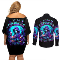 Witch Skull Couples Matching Off Shoulder Short Dress and Long Sleeve Button Shirt Hello Darkness My Old Friend - Wonder Print Shop