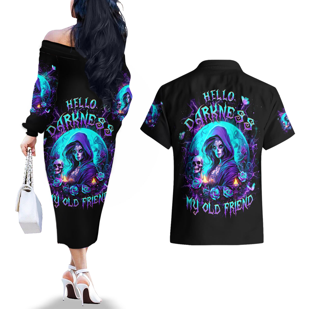 Witch Skull Couples Matching Off The Shoulder Long Sleeve Dress and Hawaiian Shirt Hello Darkness My Old Friend - Wonder Print Shop