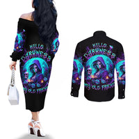 Witch Skull Couples Matching Off The Shoulder Long Sleeve Dress and Long Sleeve Button Shirt Hello Darkness My Old Friend