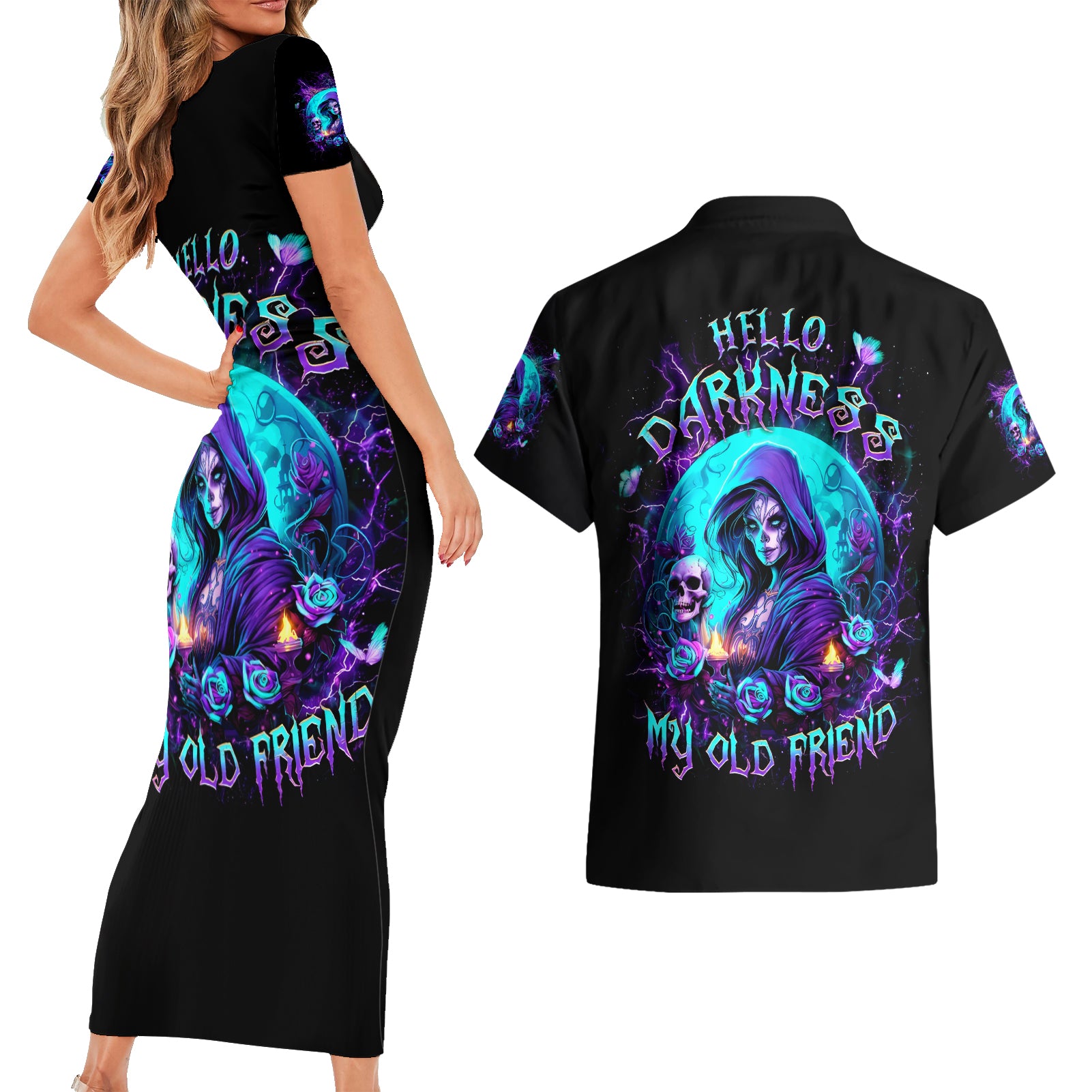 Witch Skull Couples Matching Short Sleeve Bodycon Dress and Hawaiian Shirt Hello Darkness My Old Friend - Wonder Print Shop