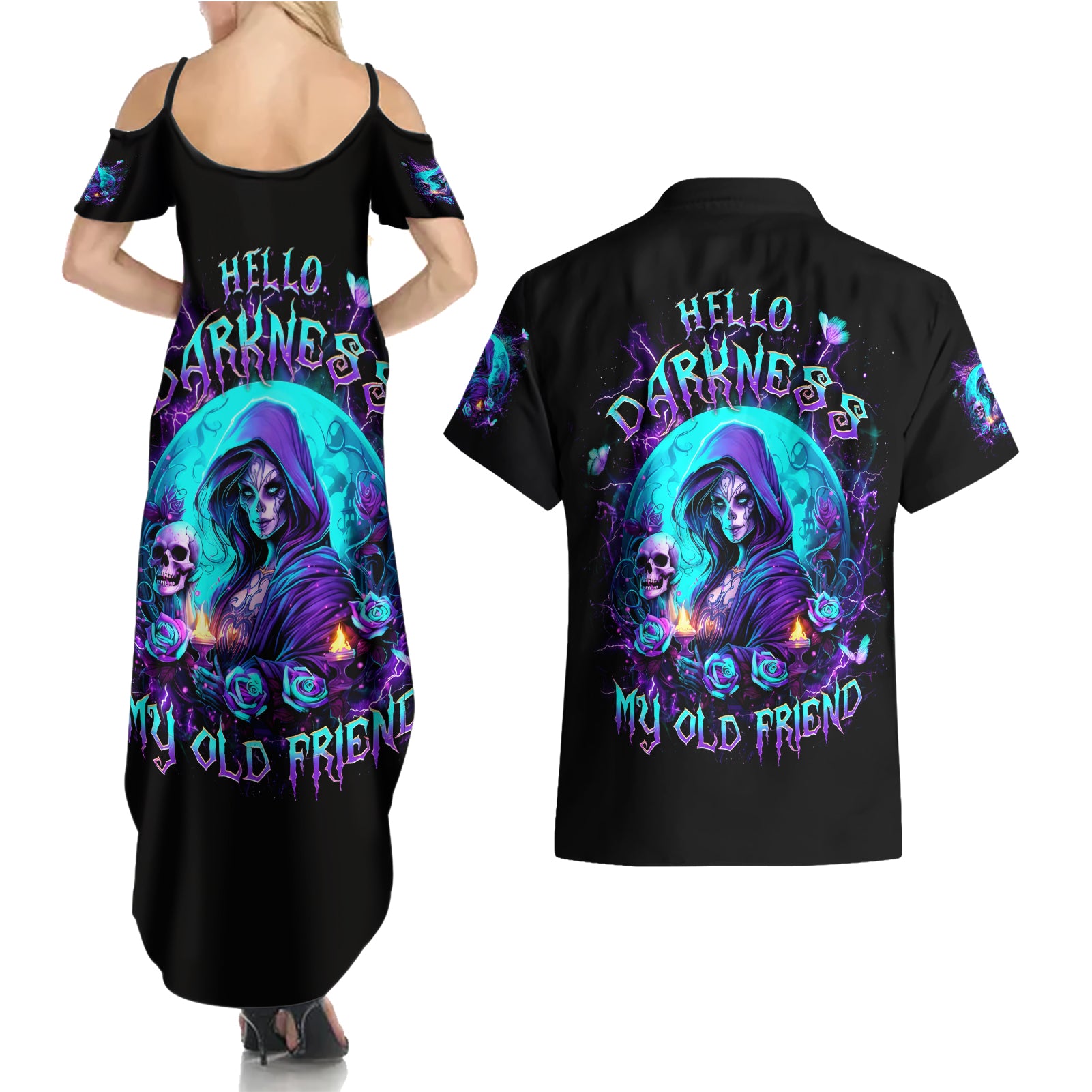 Witch Skull Couples Matching Summer Maxi Dress and Hawaiian Shirt Hello Darkness My Old Friend - Wonder Print Shop