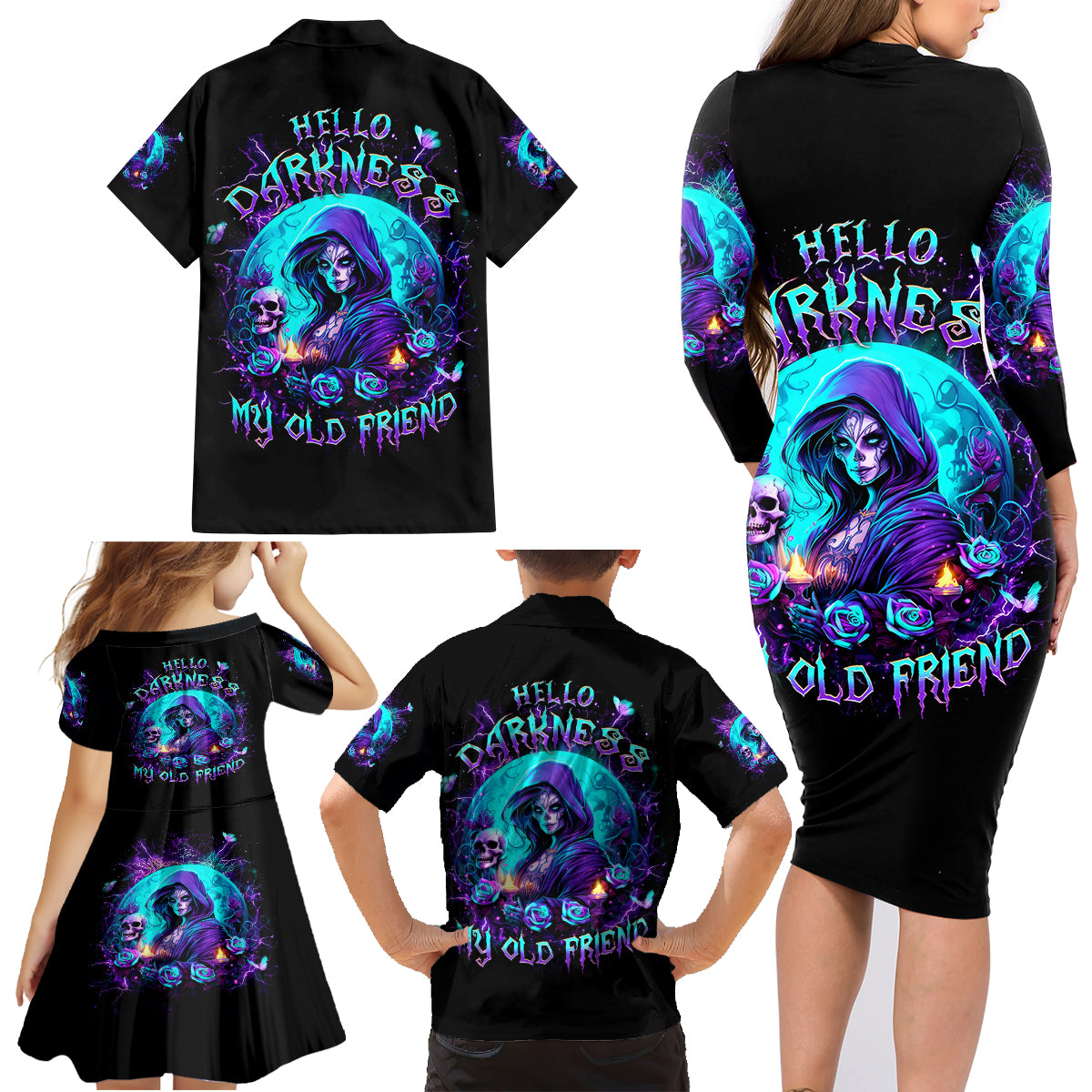 Witch Skull Family Matching Long Sleeve Bodycon Dress and Hawaiian Shirt Hello Darkness My Old Friend - Wonder Print Shop