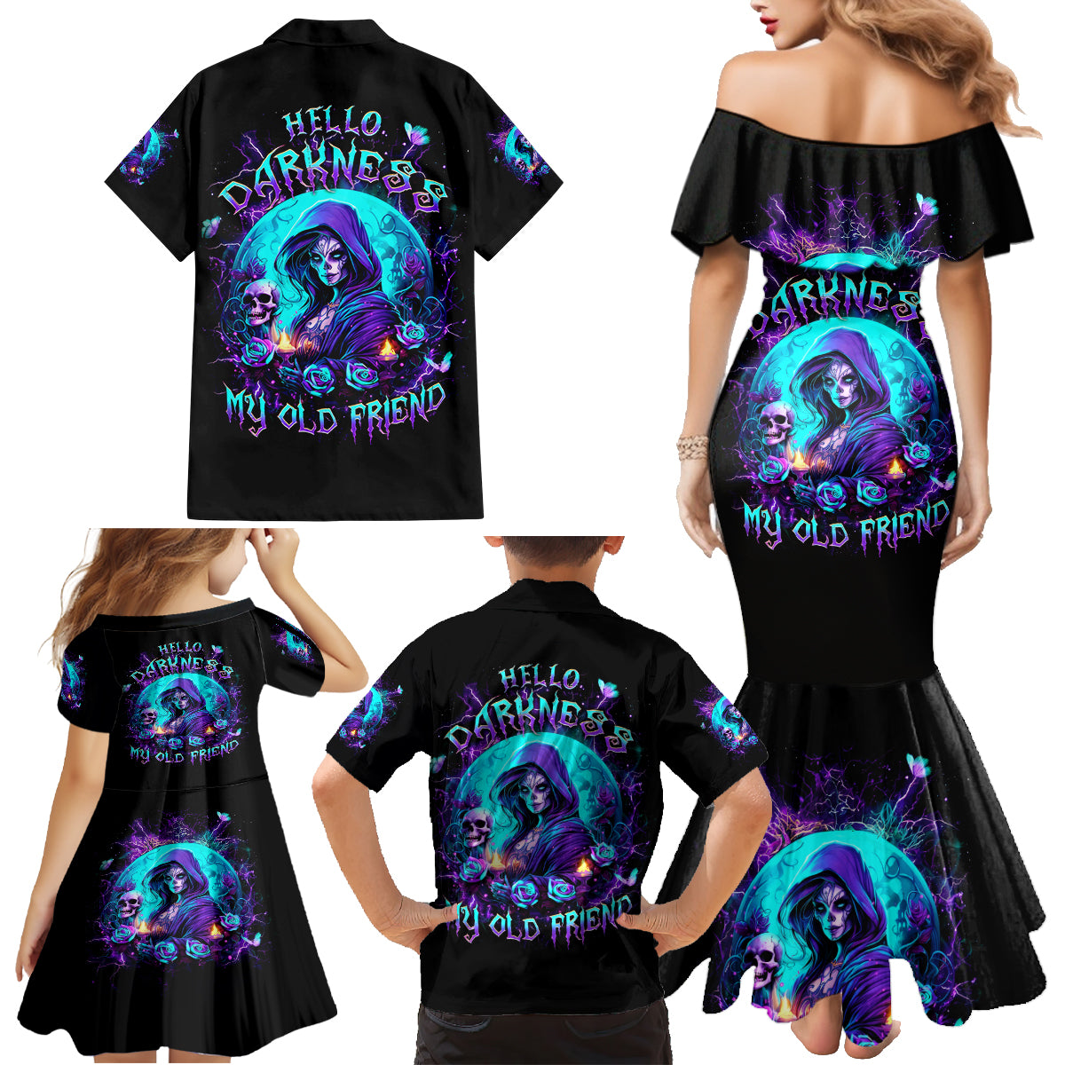 Witch Skull Family Matching Mermaid Dress and Hawaiian Shirt Hello Darkness My Old Friend - Wonder Print Shop