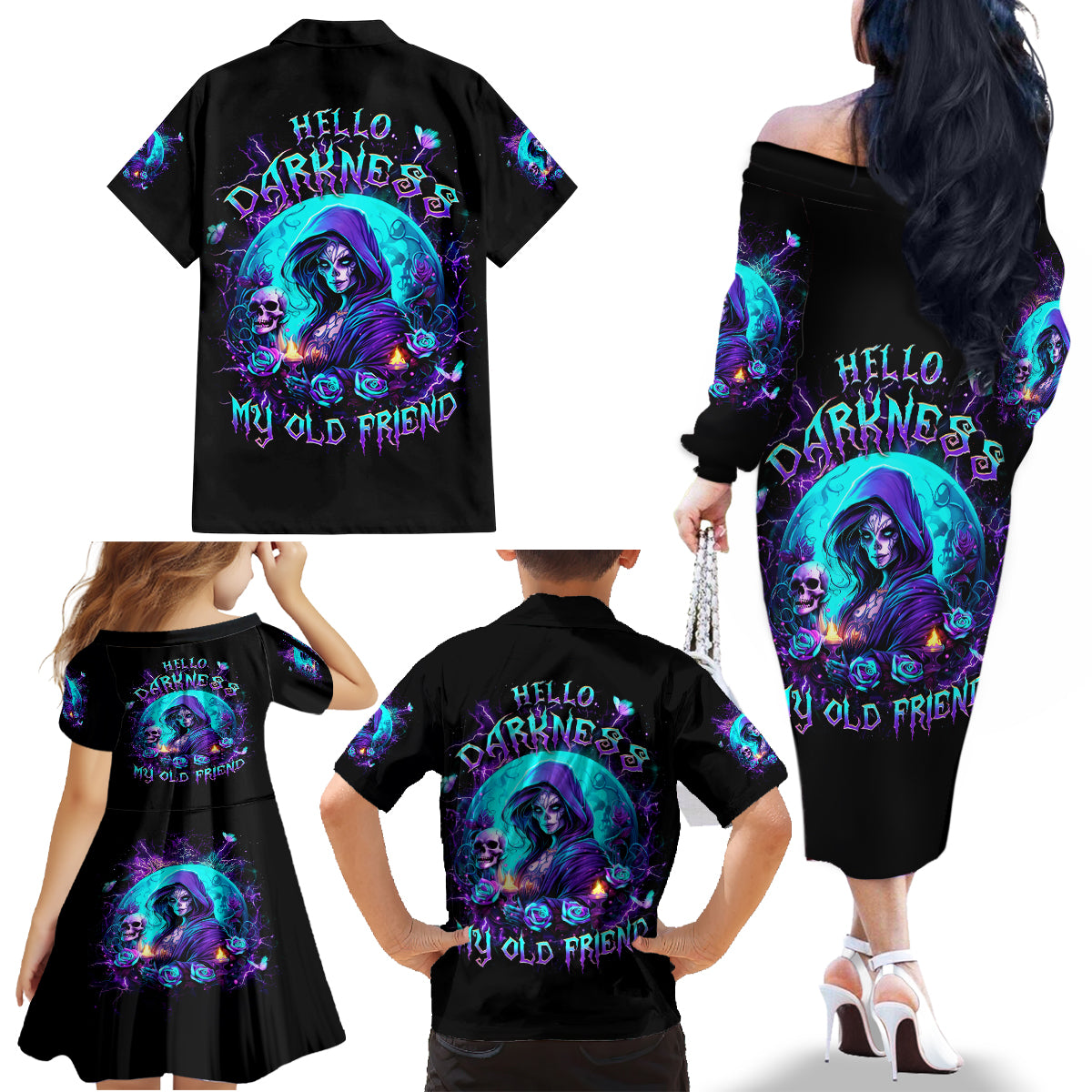 Witch Skull Family Matching Off Shoulder Long Sleeve Dress and Hawaiian Shirt Hello Darkness My Old Friend - Wonder Print Shop
