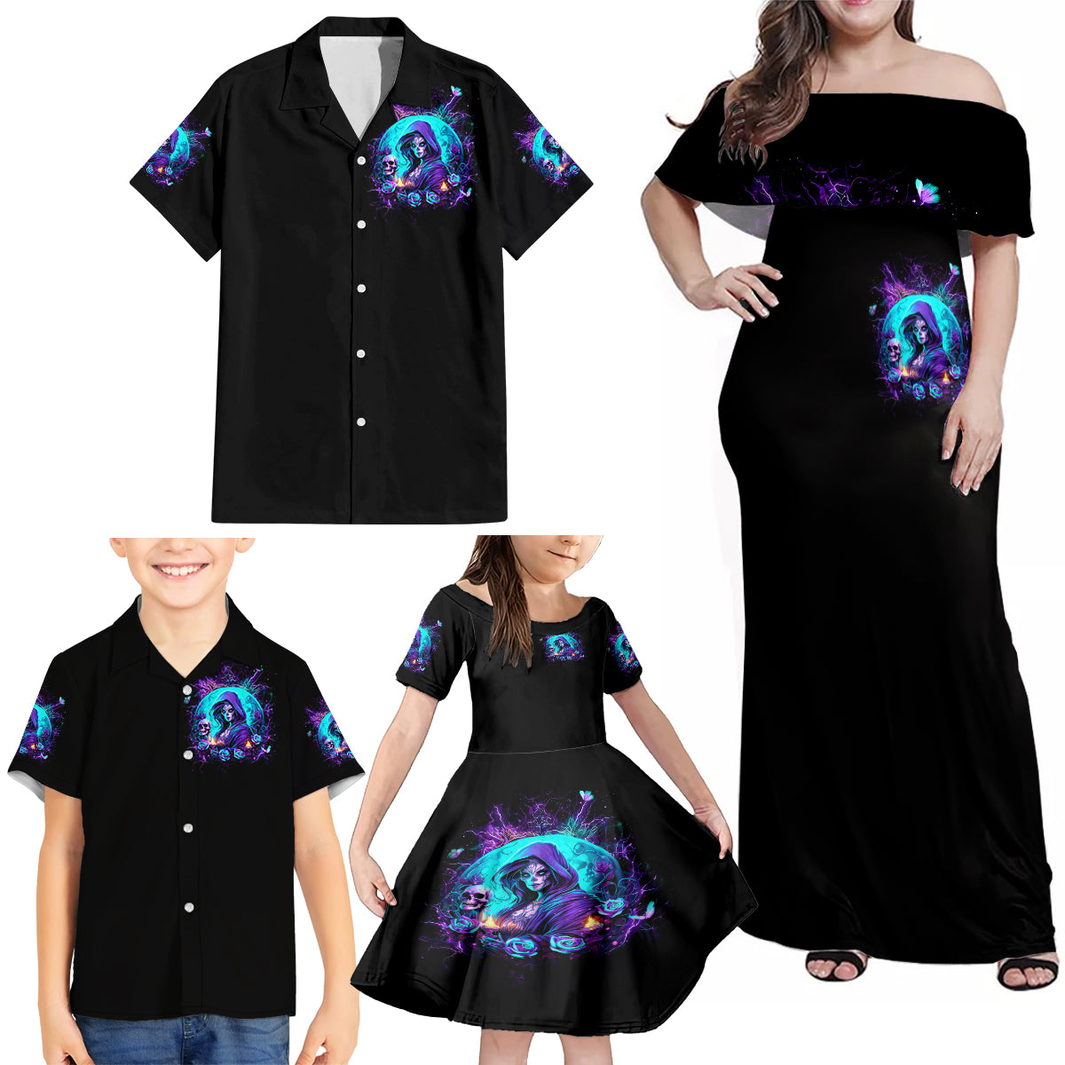 Witch Skull Family Matching Off Shoulder Maxi Dress and Hawaiian Shirt Hello Darkness My Old Friend - Wonder Print Shop