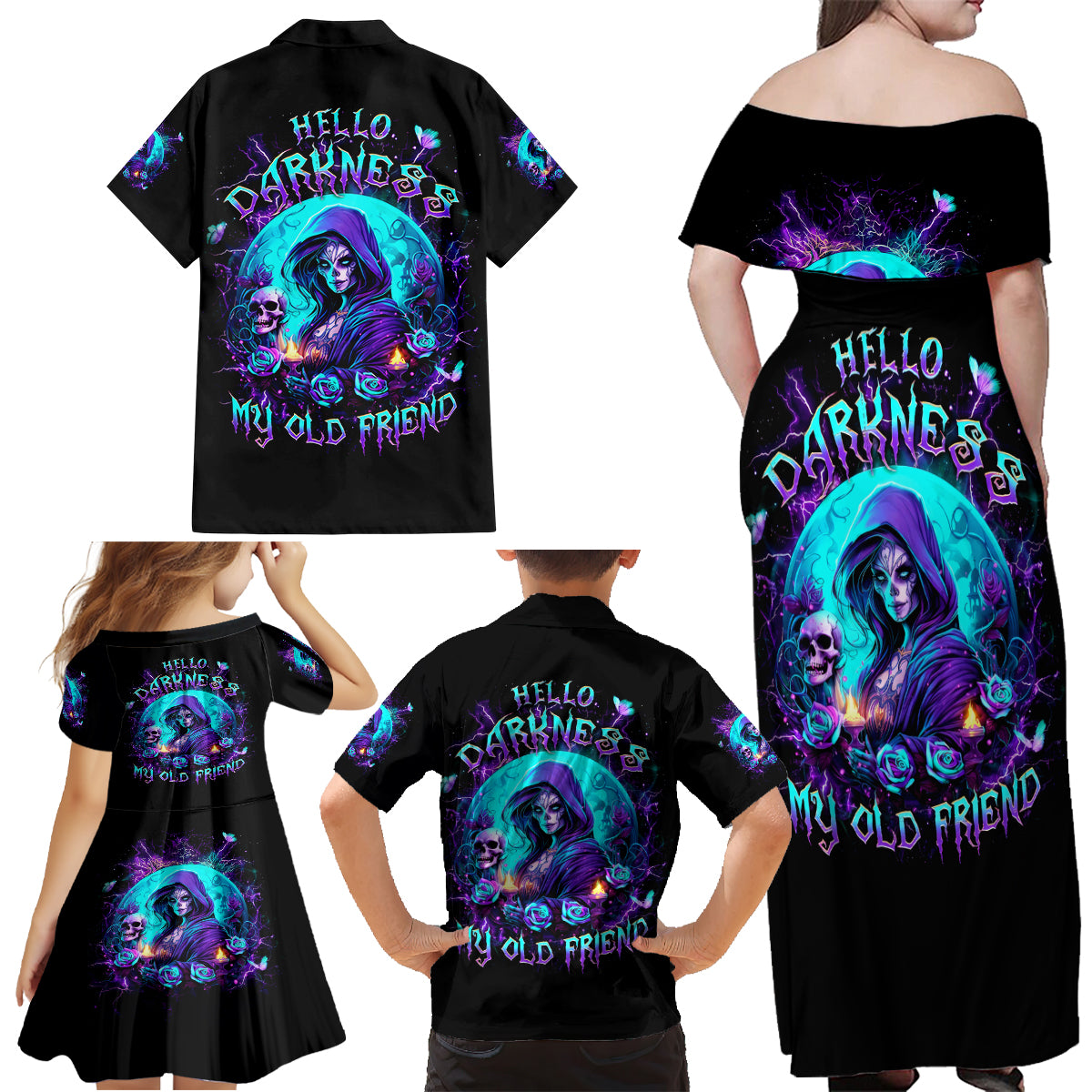 Witch Skull Family Matching Off Shoulder Maxi Dress and Hawaiian Shirt Hello Darkness My Old Friend - Wonder Print Shop