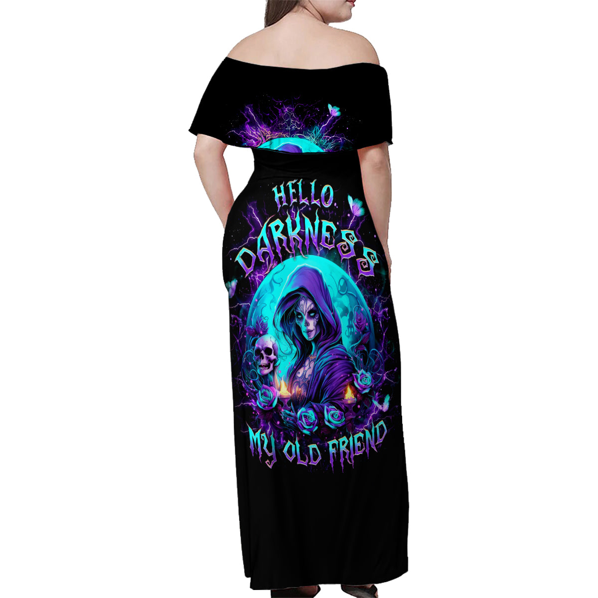 Witch Skull Family Matching Off Shoulder Maxi Dress and Hawaiian Shirt Hello Darkness My Old Friend - Wonder Print Shop