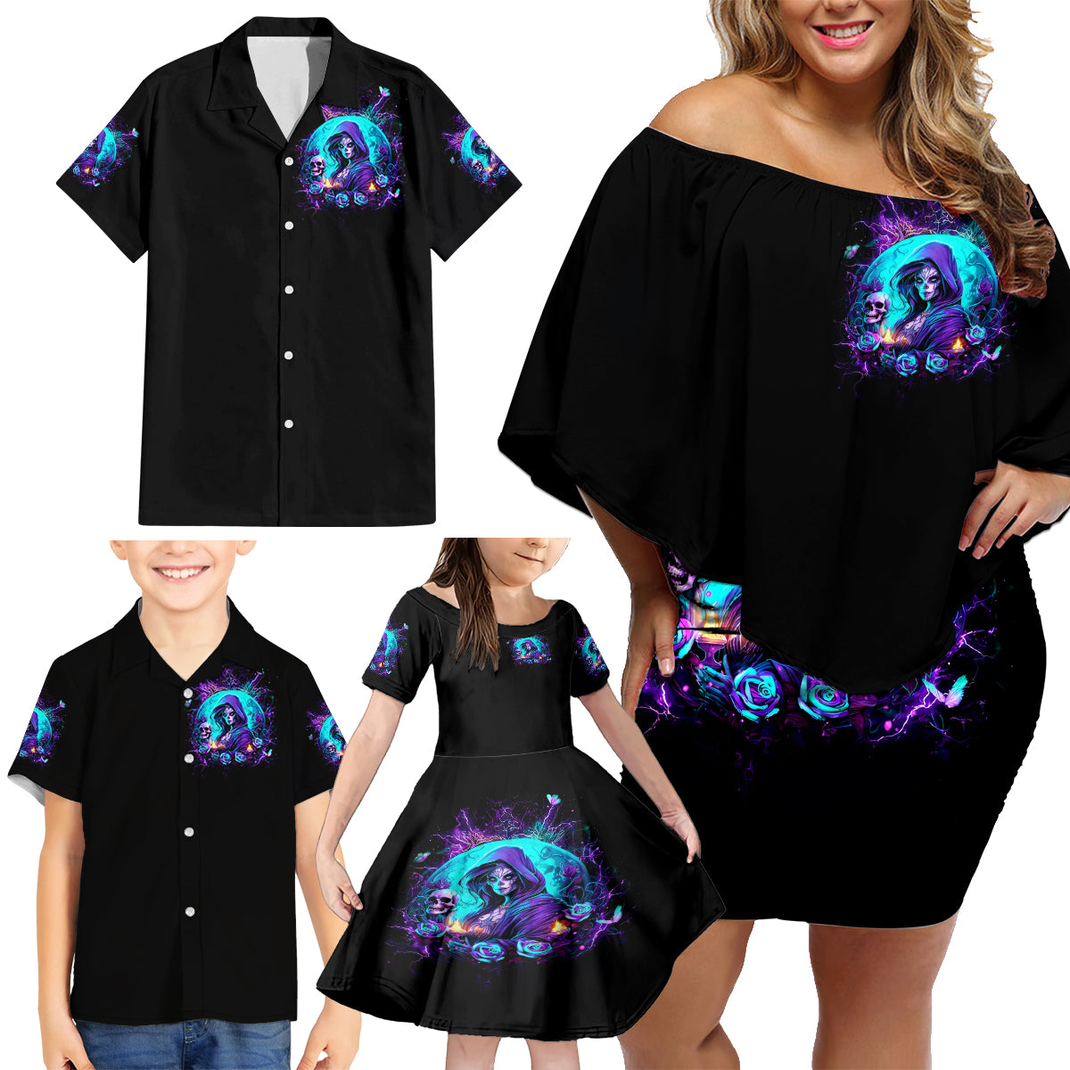 Witch Skull Family Matching Off Shoulder Short Dress and Hawaiian Shirt Hello Darkness My Old Friend - Wonder Print Shop